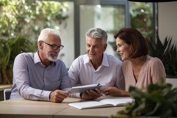 In the comfort of their home, a couple keenly engages with a professional financial planner. Holding a clipboard and pen, the expert provides insights on retirement planning - obrazy, fototapety, plakaty