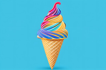 Colorful ice cream in waffle cone on blue background. 3d rendering