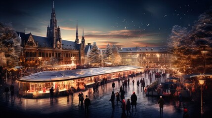 Enchanted Cityscape: Bustling Christmas Market with Twinkling Lights and Festive Stalls in 8K created with generative ai technology