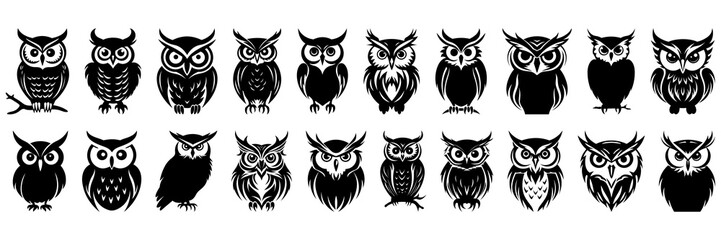 Owl bird silhouettes set, large pack of vector silhouette design, isolated white background