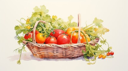 Depicting a wicker basket overflowing with vibrantly colored, freshly harvested vegetables and fruits, it underscores the wealth and purity of nature's provisions.