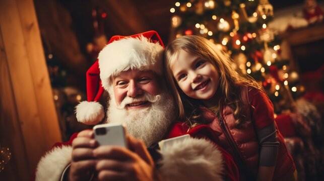 Santa posing for a photo with children. Generative Ai.