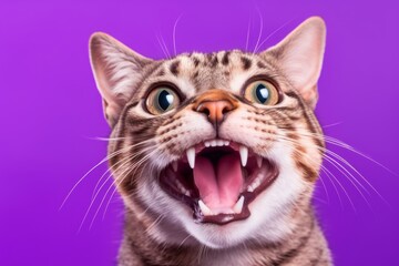 Headshot portrait photography of a smiling laperm cat wearing a dinosaur hat against a vibrant purple background. With generative AI technology