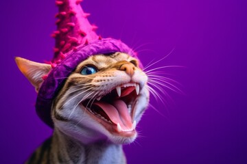 Headshot portrait photography of a smiling laperm cat wearing a dinosaur hat against a vibrant...