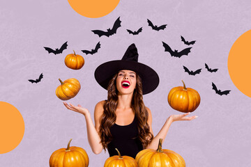 Collage image of frightening witch girl hands hold pumpkins flying bats isolated on creative...