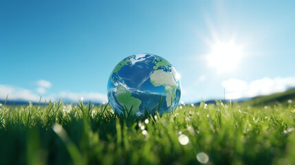globe on grass in daylight on grass field blur forest and sun background