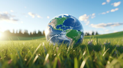 globe heart on grass in daylight on grass field blur forest background