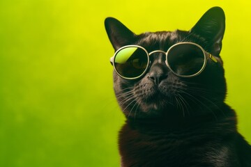 Headshot portrait photography of a funny bombay cat wearing a trendy sunglasses against a green background. With generative AI technology