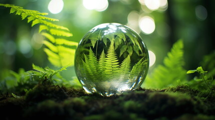 photo glass sphere on background in forest brake green trees earth with moss