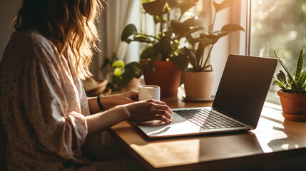 photo woman working at home on a laptop with cup of coffee in sunlight with plants