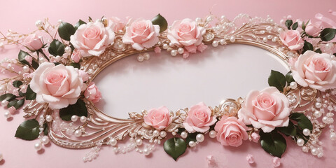 A stunning floral frame with delicate pink roses and shimmering pearls, set against a soft pink background.