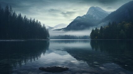 realistic photo dark mountains landscape background fog and forest