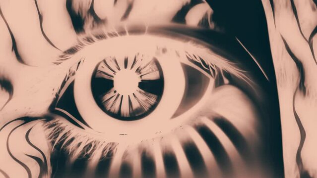 Abstract eye with stripes in dark blue and beige colors. Psychedelic motion background.