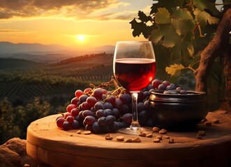 a glass of wine on a vineyard full of red grapes at sunset 