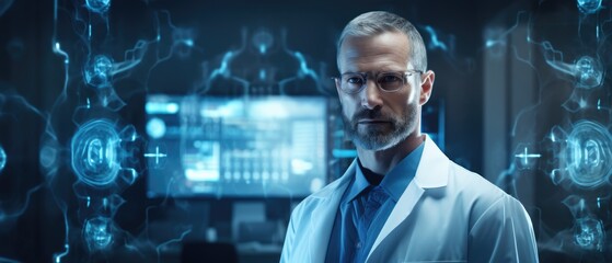 doctor working in futuristic hospital with medical high tech healthcare, surgeon team operation on heart disease and illness on monitor, Generative AI