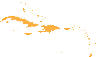 ORANGE CMYK color detailed flat stencil map of the region of CARIBBEAN ISLANDS on transparent background