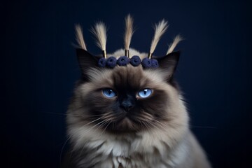 Fototapeta premium Medium shot portrait photography of a smiling himalayan cat wearing a devil horns headband against a deep indigo background. With generative AI technology