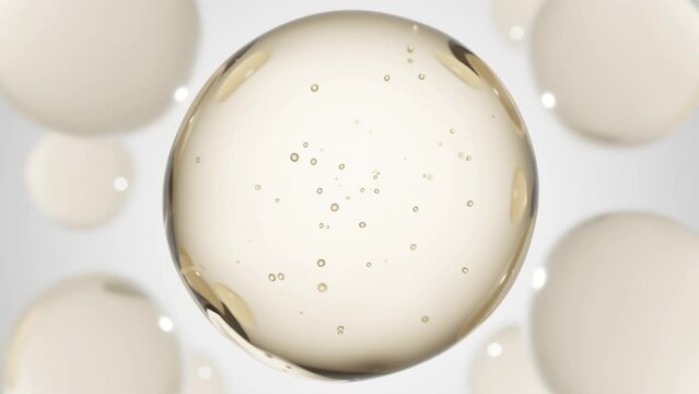 Cosmetics golden serum liquid bubbles abstract background. Cosmetic moisturizer essence gel. Collagen fluid bubble molecule. Moisturizing cream or oil for personal health care and beauty skin concept