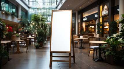 Tall White board with wood frame in the middle of a Shopping mall interior place with vegetation parts and empty tables with day light - AI generated - obrazy, fototapety, plakaty