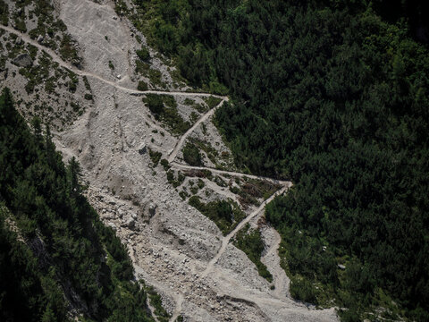 stepy trial path in Puez mountain in dolomites badia valley panorama landscape