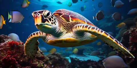 Deep in the ocean, a turtle is accompanied by a group of colorful fish and other aquatic creatures, Generative AI. - obrazy, fototapety, plakaty