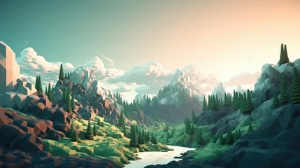 Foto op Plexiglas 3d voxel mountain landscape illustration background design, perspective terrain, view panorama 3d voxel mountain landscape © sevector