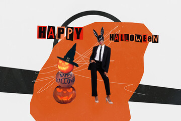 Composite collage picture image of stylish female wear rabbit playboy costume halloween party pile...