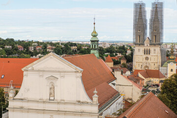 Fototapeta na wymiar Aerial view from clock tower of Zagreb Croatia architecture city town with cathedral dome under renovation