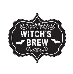 Halloween Black and White Badge Isolated- Witch Brew wordings with Bat- Halloween Vector Illustration