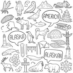Alaska Travel Doodle Icons. Hand Made Line Art. Alaskan Theme Clipart Logotype Symbol Design. - obrazy, fototapety, plakaty