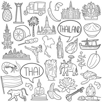 Thailand Doodle Icons. Hand Made Line Art. Thai Theme Clipart Logotype Symbol Design.