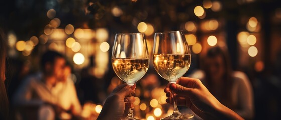 close up hands friends toasting white wine at dinner party in restaurant, Generative AI