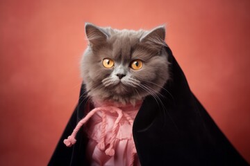 Group of happy selkirk rex cat wearing a vampire cloak isolated in peachy pink background
