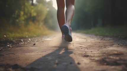 A close-up shot captures the determined stride of a female jogger's feet as she gracefully navigates a rustic dirt path, showcasing the beauty of her active journey through nature.