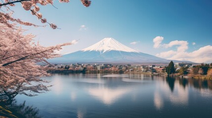 Cherry blossom mountain by the lake