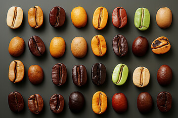 Coffee beans on black background. Top view. Flat lay.