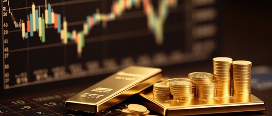 Gold bar resting investment on a stocks graph representing, Generative AI