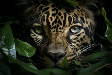 Papier Peint photo Léopard  Stealthy jaguar camouflaged in the dense jungle foliage, Generative AI 