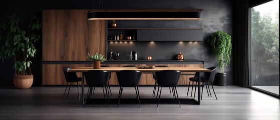 large kitchen room with modern interior design with wood table and chairs for home against the background a dark classic wall, Generative AI - Powered by Adobe