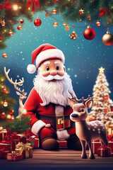 Christmas card template with Santa Claus and christmas tree background