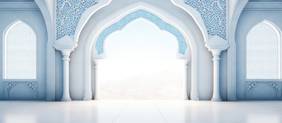 Luxurious Islamic arch background with ornament pattern in white and blue - obrazy, fototapety, plakaty