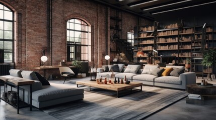 Living room loft in industrial style, a room Stylish Modern with sofa, wood tables, and a concrete wall, Generative AI