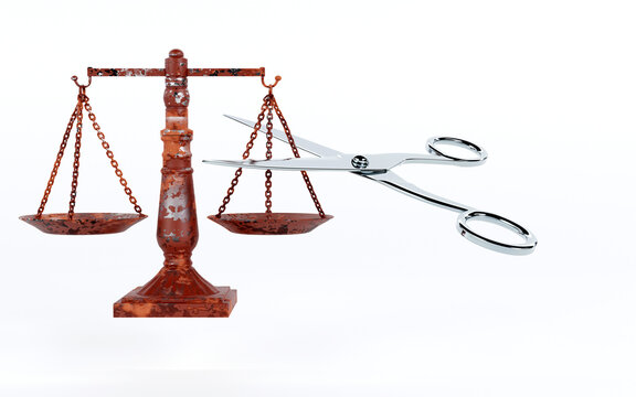3D rendering of fair scales and scissors on a white background, inequality arises, Not justice symbol