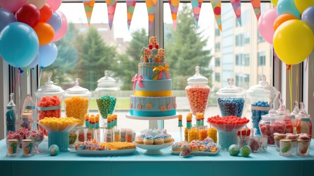 Tasty candy bar for Birthday party on table.
