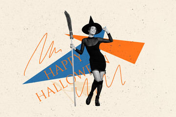 Creative collage of gorgeous positive black white colors witch girl hold broomstick happy halloween isolated on painted background