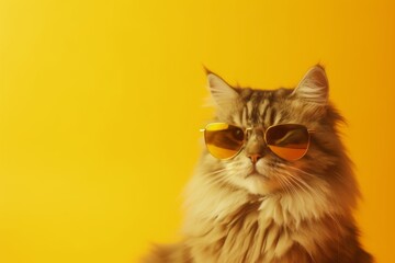 happy siberian cat wearing a trendy sunglasses in front of pastel yellow background