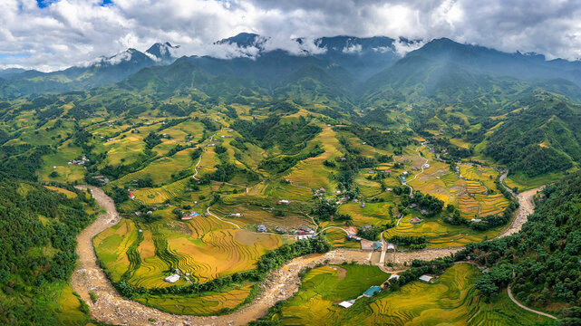 Aerial view of rice field or rice terraces , Sapa, Vietnam. Y Linh Ho village, Ta Van valley