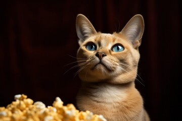 smiling burmese cat wearing a popcorn costume in rustic brown background