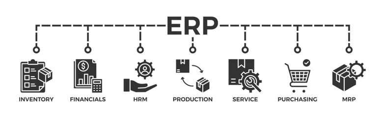 ERP banner web icon vector illustration concept for enterprise resource planning with icon of inventory, financials, hrm, production, service, purchasing, and mrp