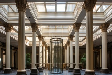 antique columns supporting a glass ceiling in a luxury office building